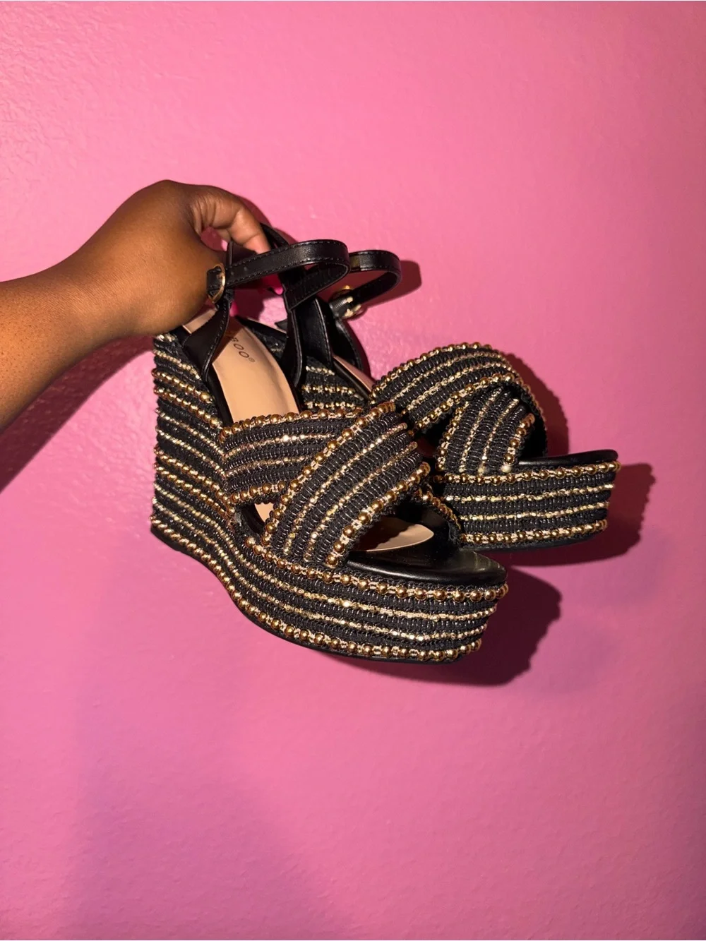 BAMBOO Black & Gold Striped Woven Platform Wedge Sandals